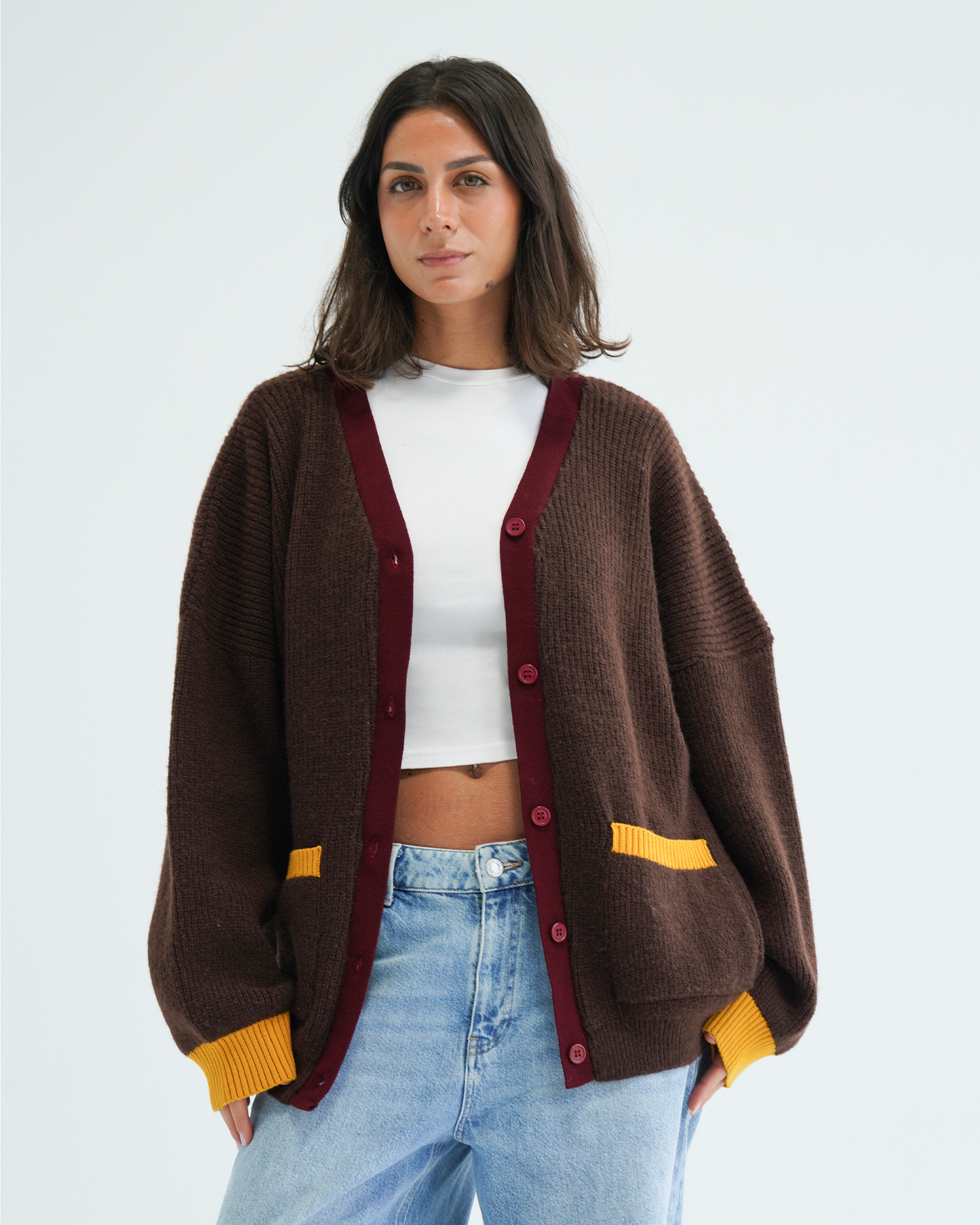 Brown Color Block Knit Cardigan