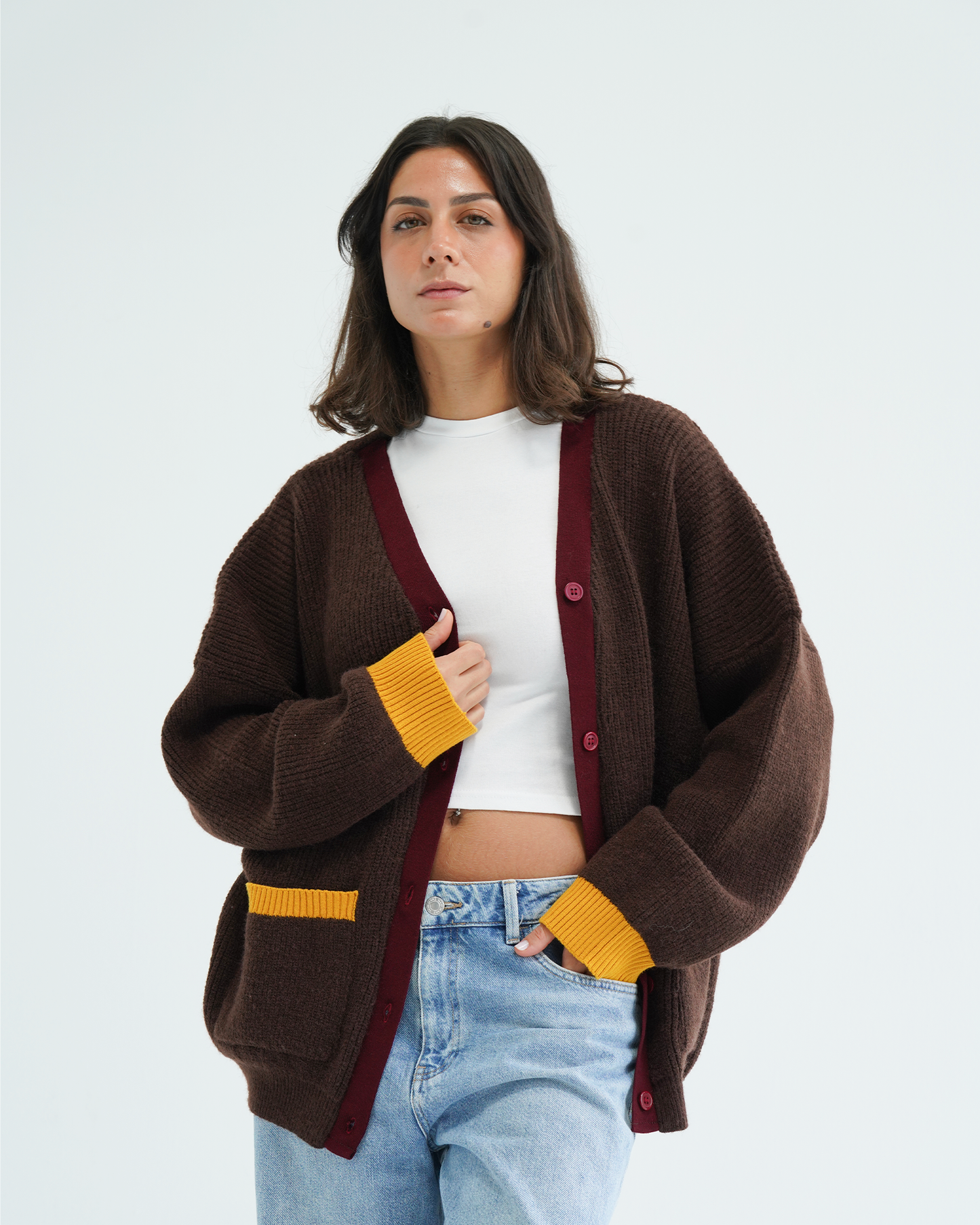 Brown Color Block Knit Cardigan