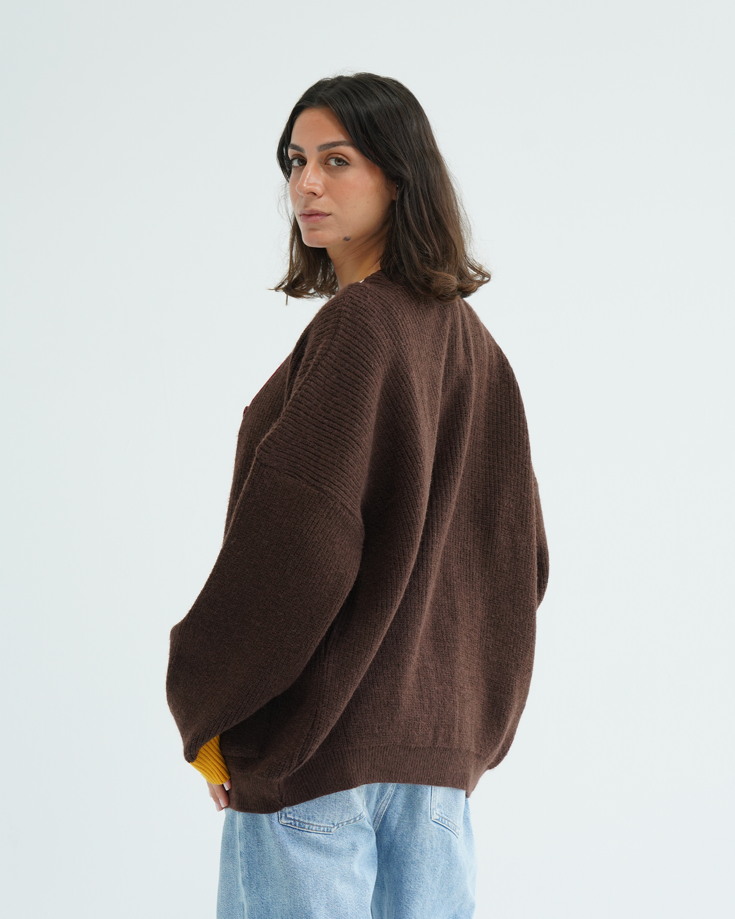 Brown Color Block Knit Cardigan