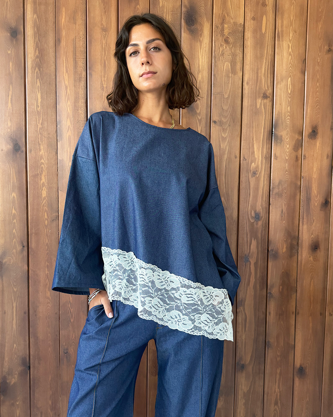 Denim Asymmetric Wide Sleeve Lace Top
