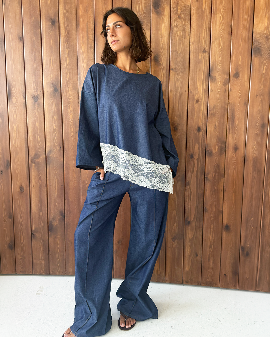 Denim Asymmetric Wide Sleeve Lace Top