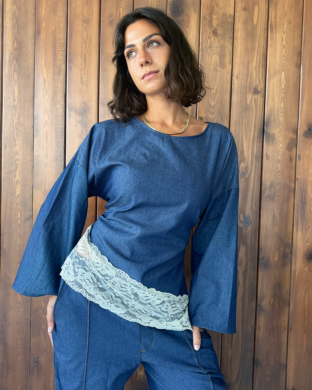 Denim Asymmetric Wide Sleeve Lace Top