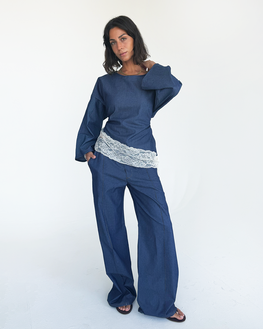 Denim Asymmetric Wide Sleeve Lace Top