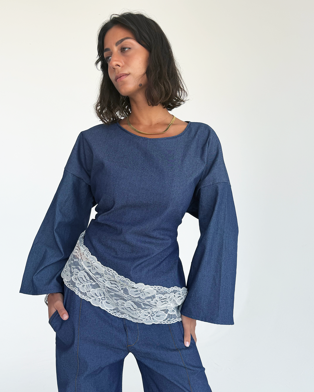 Denim Asymmetric Wide Sleeve Lace Top