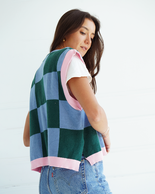Green Checkers Knit Vest