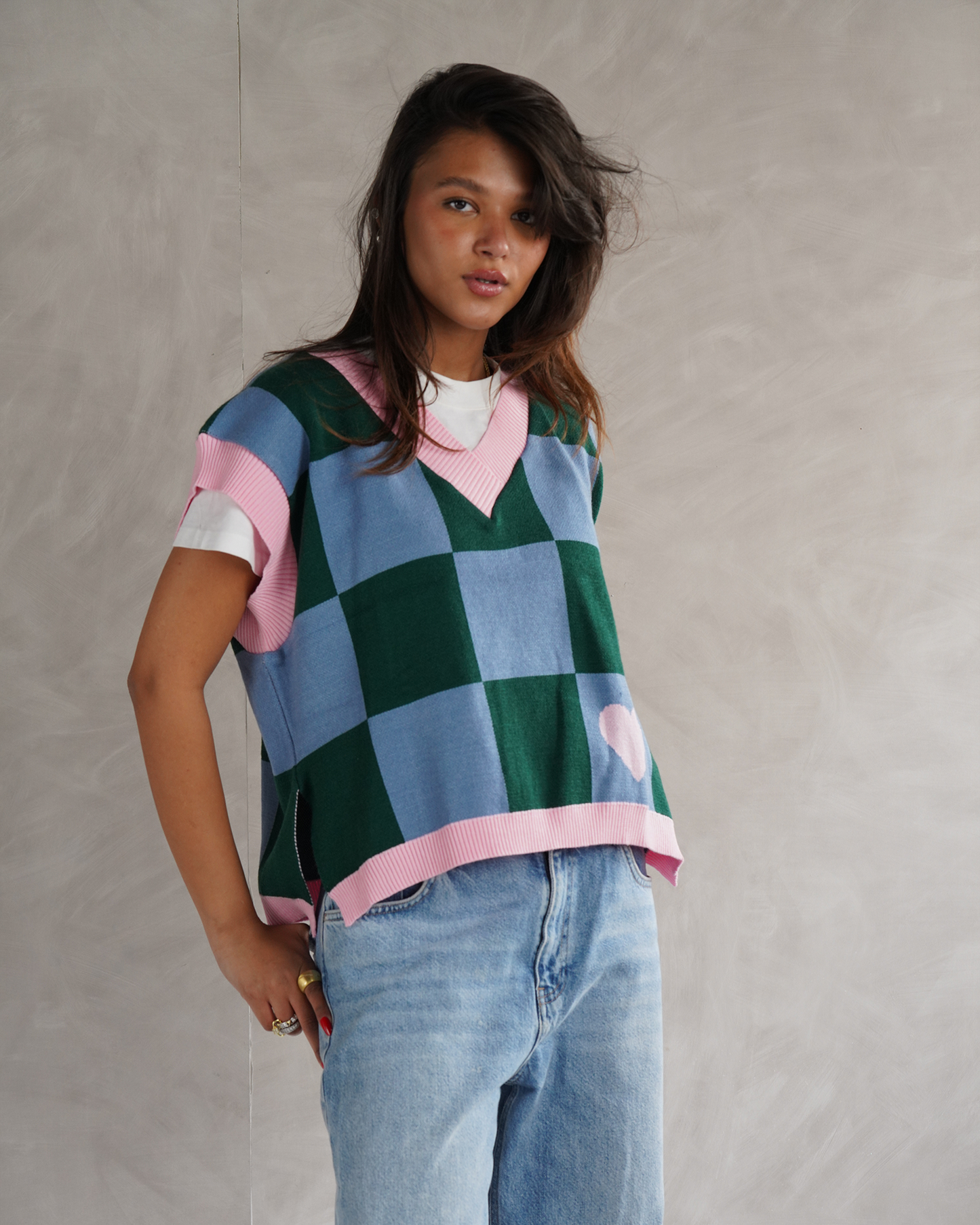 Green Checkers Knit Vest