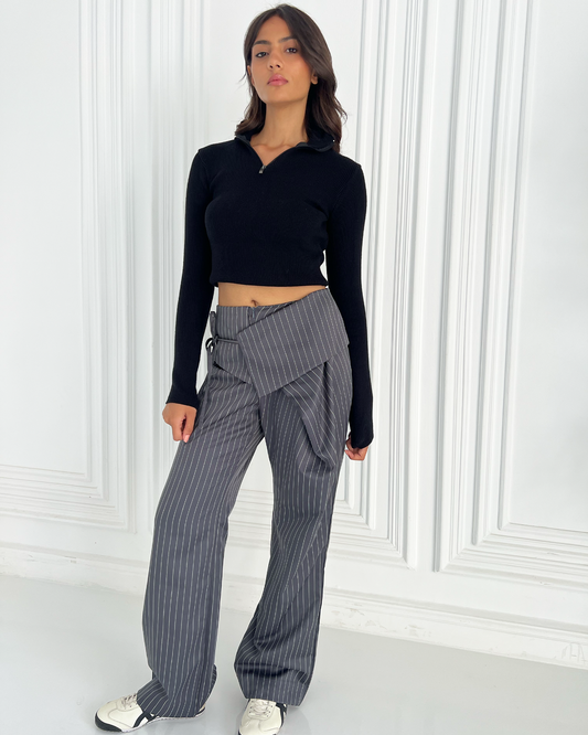 Grey Flip-waist Pinstripe Suit Pants