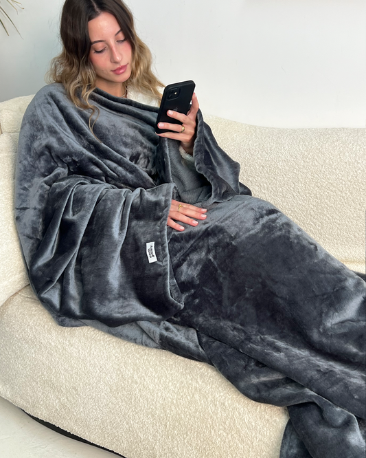 Grey Couch Blanket With Sleeves