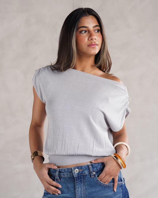 Grey Drape Off-shoulder Knit Basic