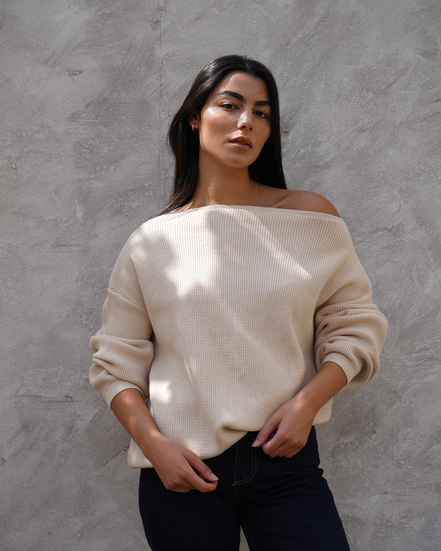 Beige Off-Shoulder Knit Sweater