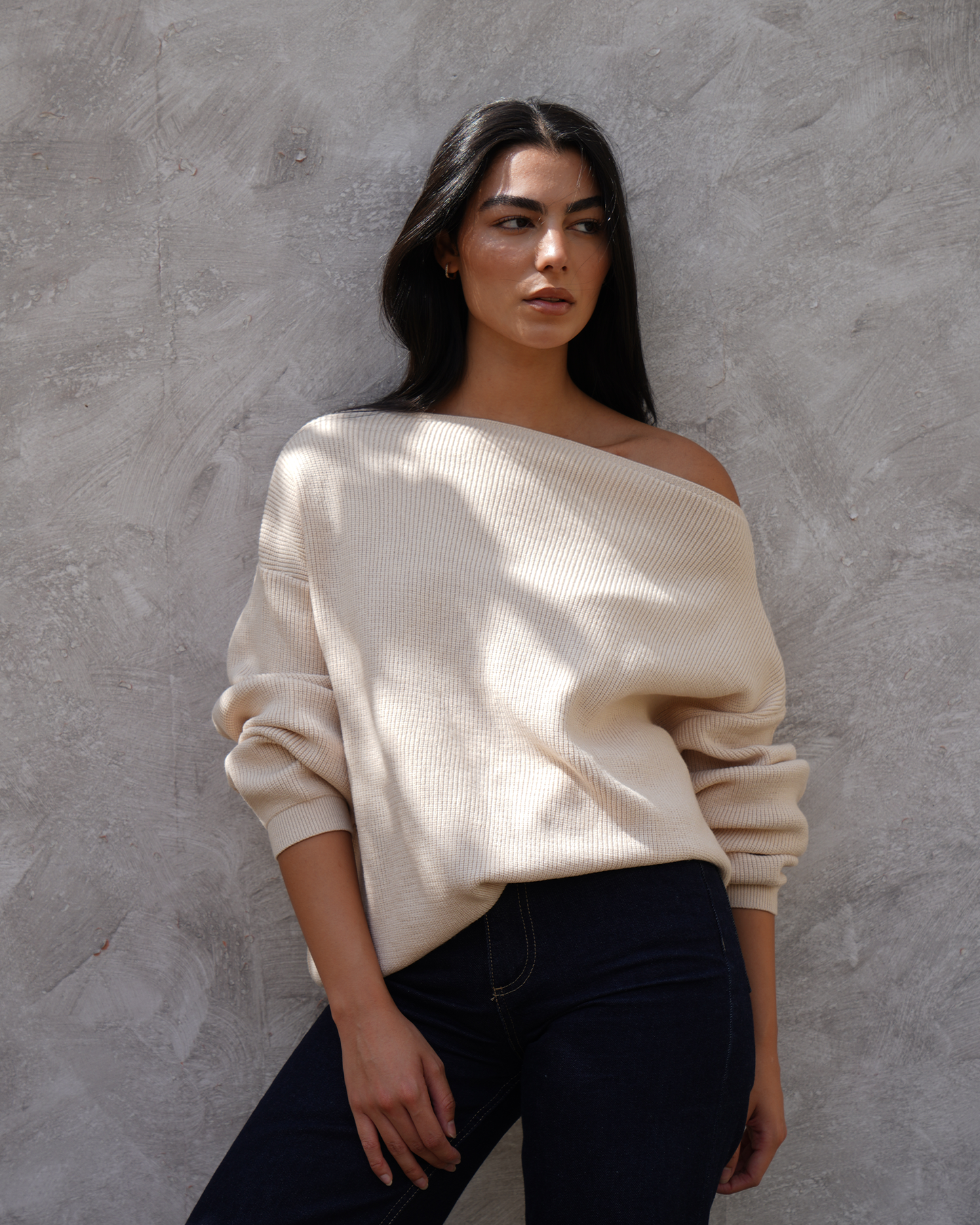 Beige Off-Shoulder Knit Sweater