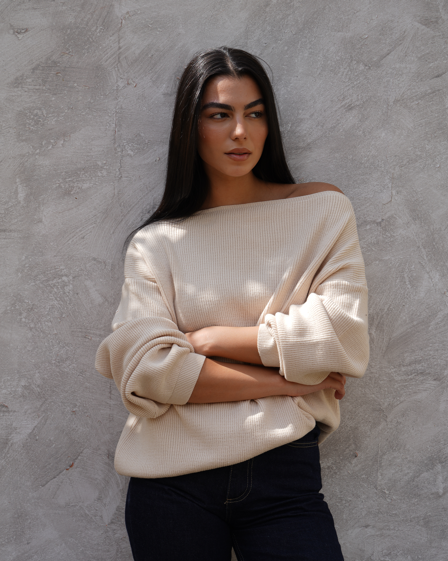 Beige Off-Shoulder Knit Sweater