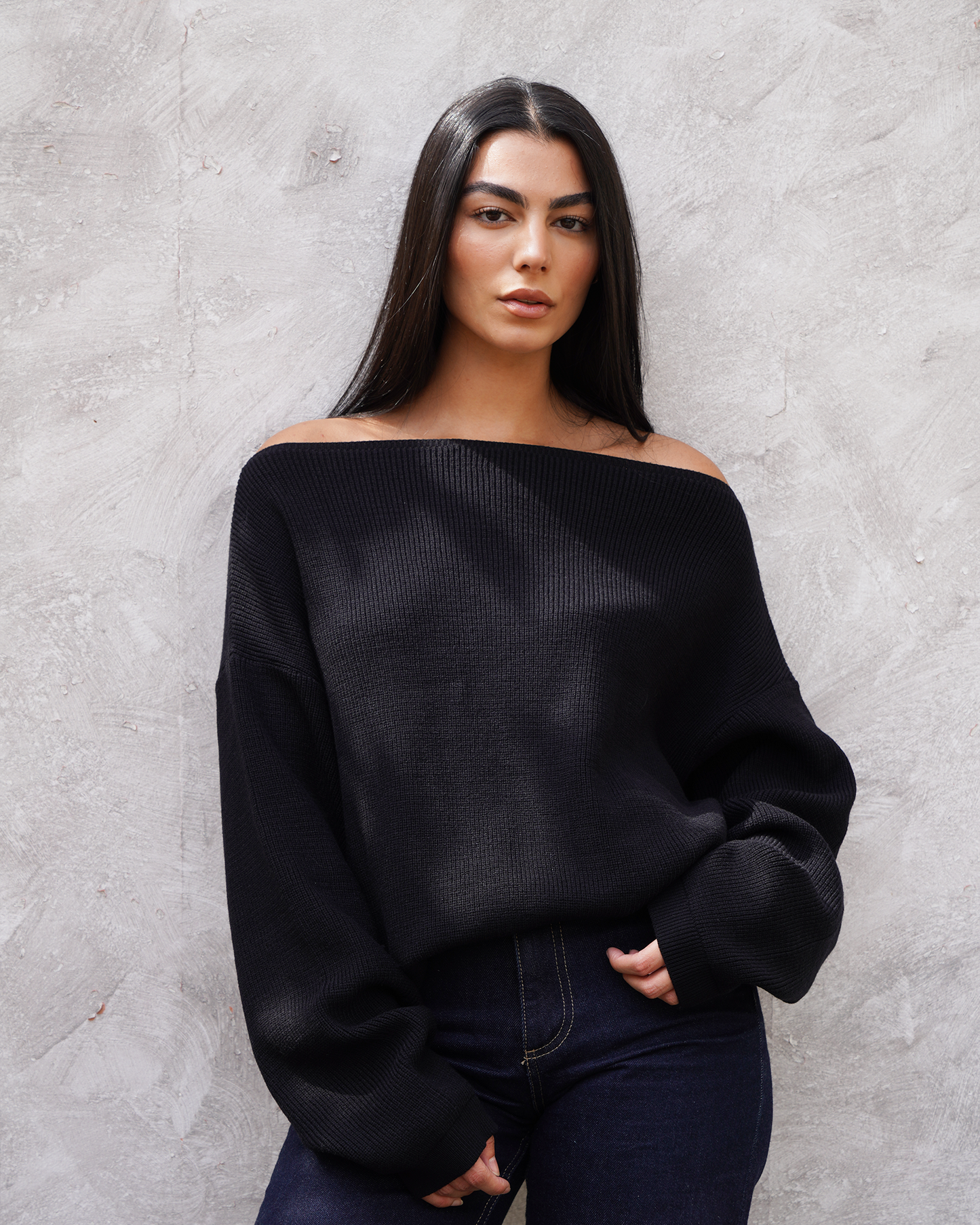 Black Off-Shoulder Knit Sweater