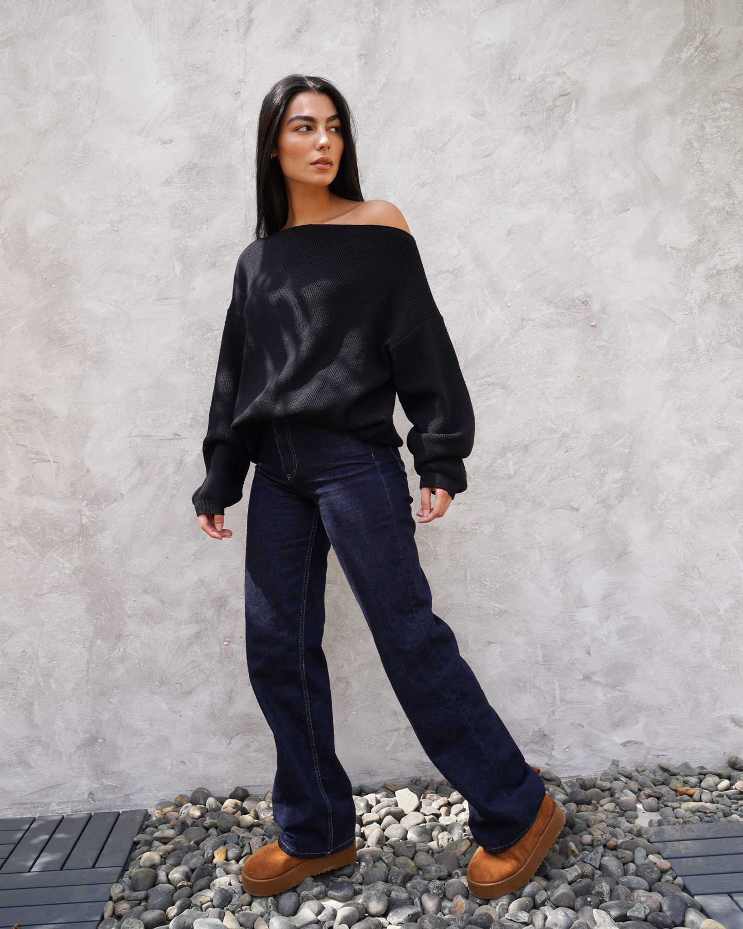 Black Off-Shoulder Knit Sweater
