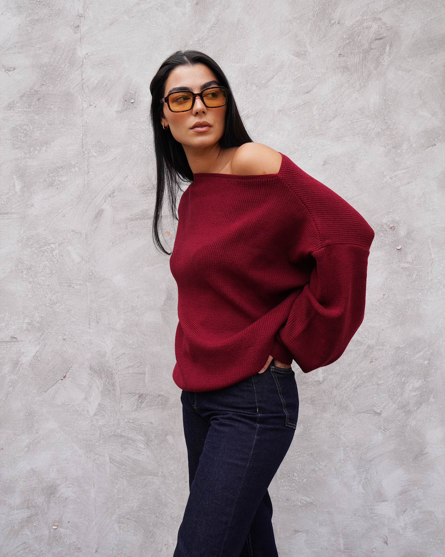 Burgundy Off-Shoulder Knit Sweater