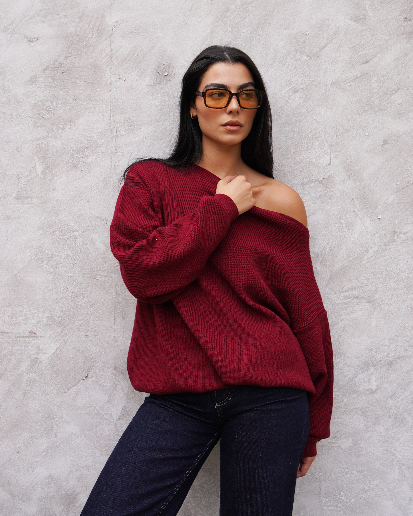 Burgundy Off-Shoulder Knit Sweater