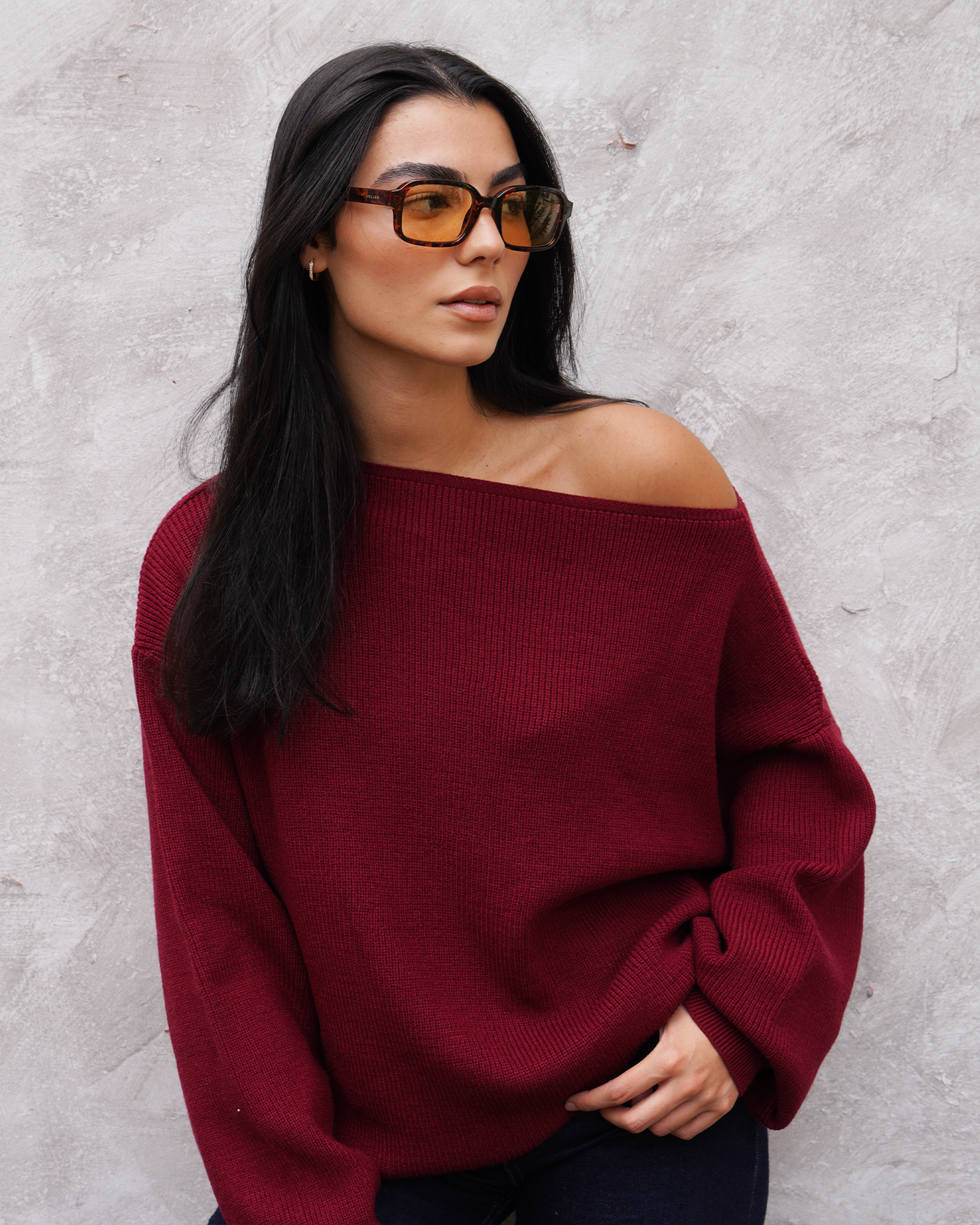 Burgundy Off-Shoulder Knit Sweater