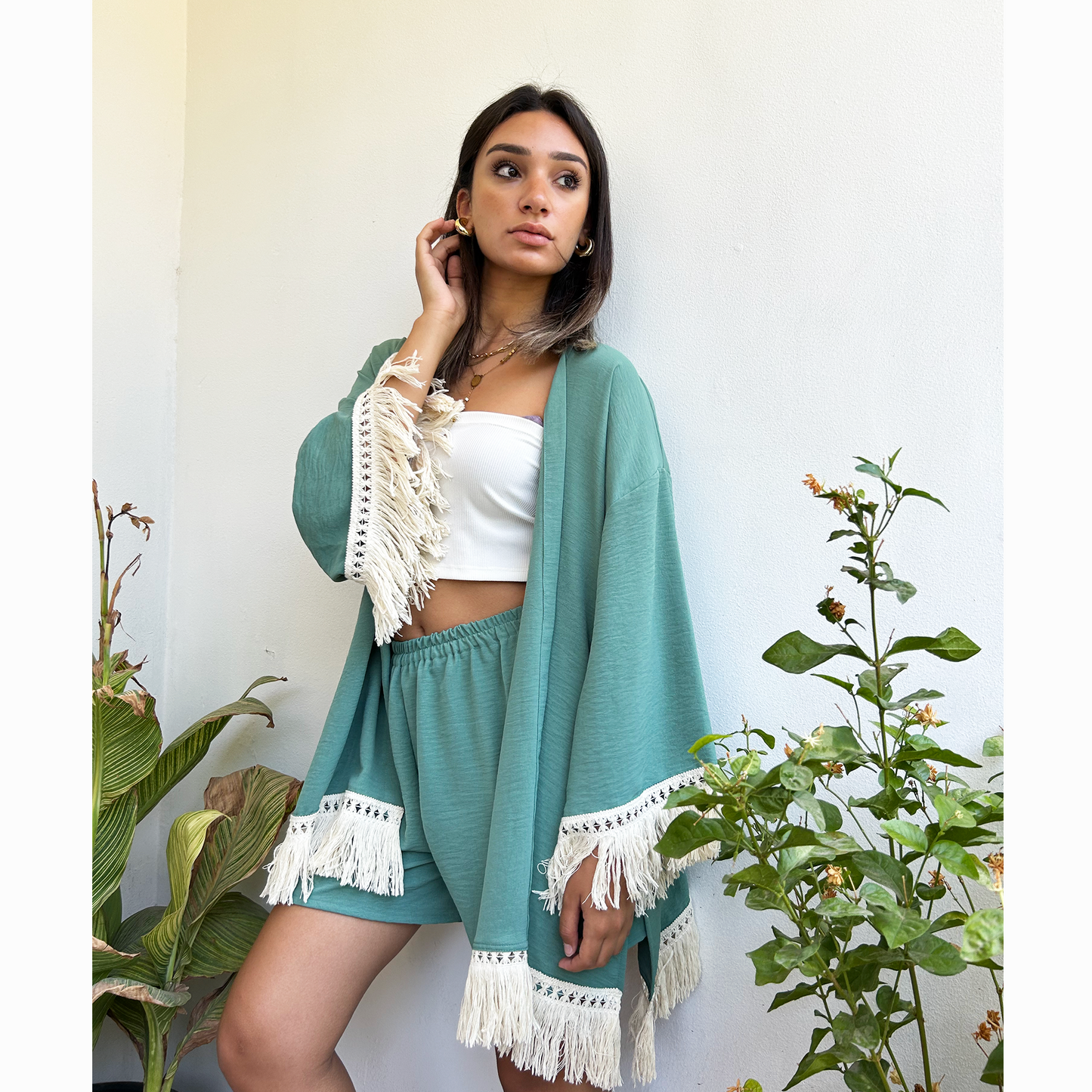 Mint Fringed Kimono Set