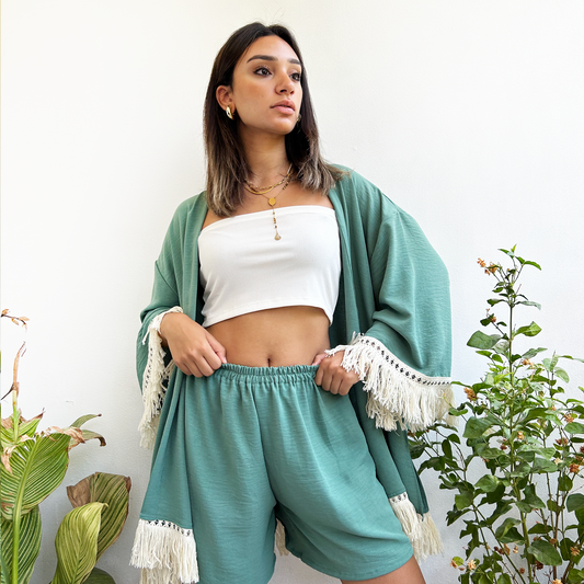 Mint Fringed Kimono Set