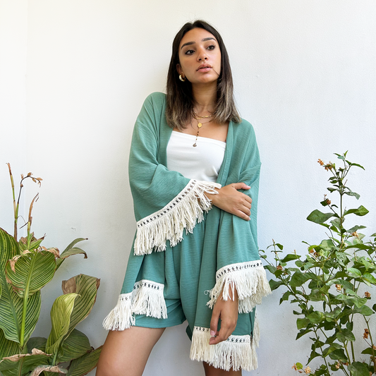 Mint Fringed Kimono Set