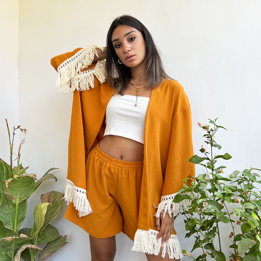 Mustard Fringed Kimono Set