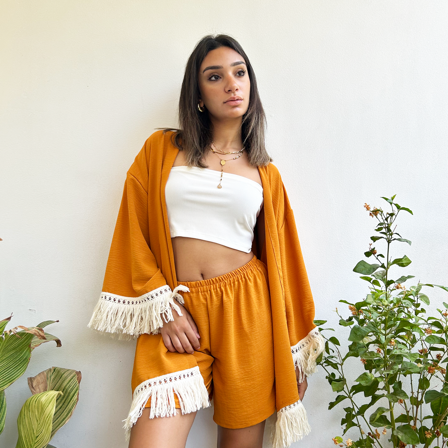 Mustard Fringed Kimono Set