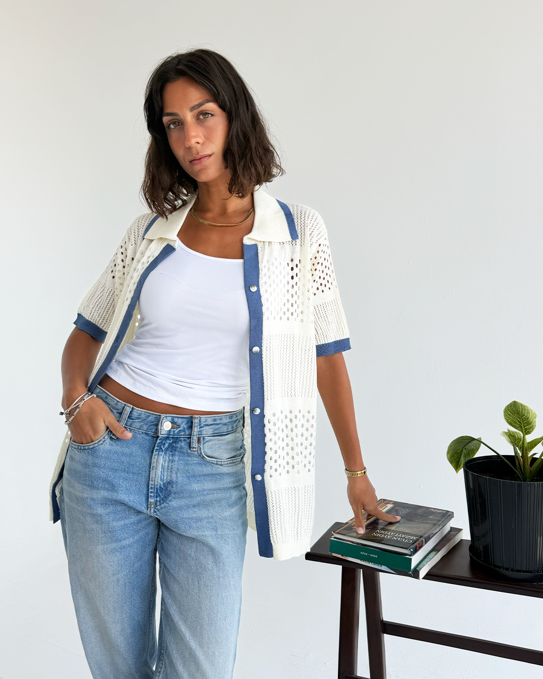 Nautical Blue Knit Button-up shirt