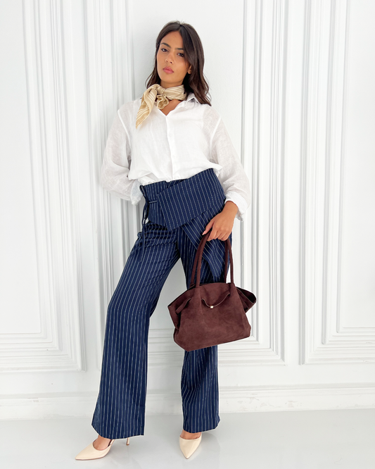 Navy Flip-waist Pinstripe Suit Pants