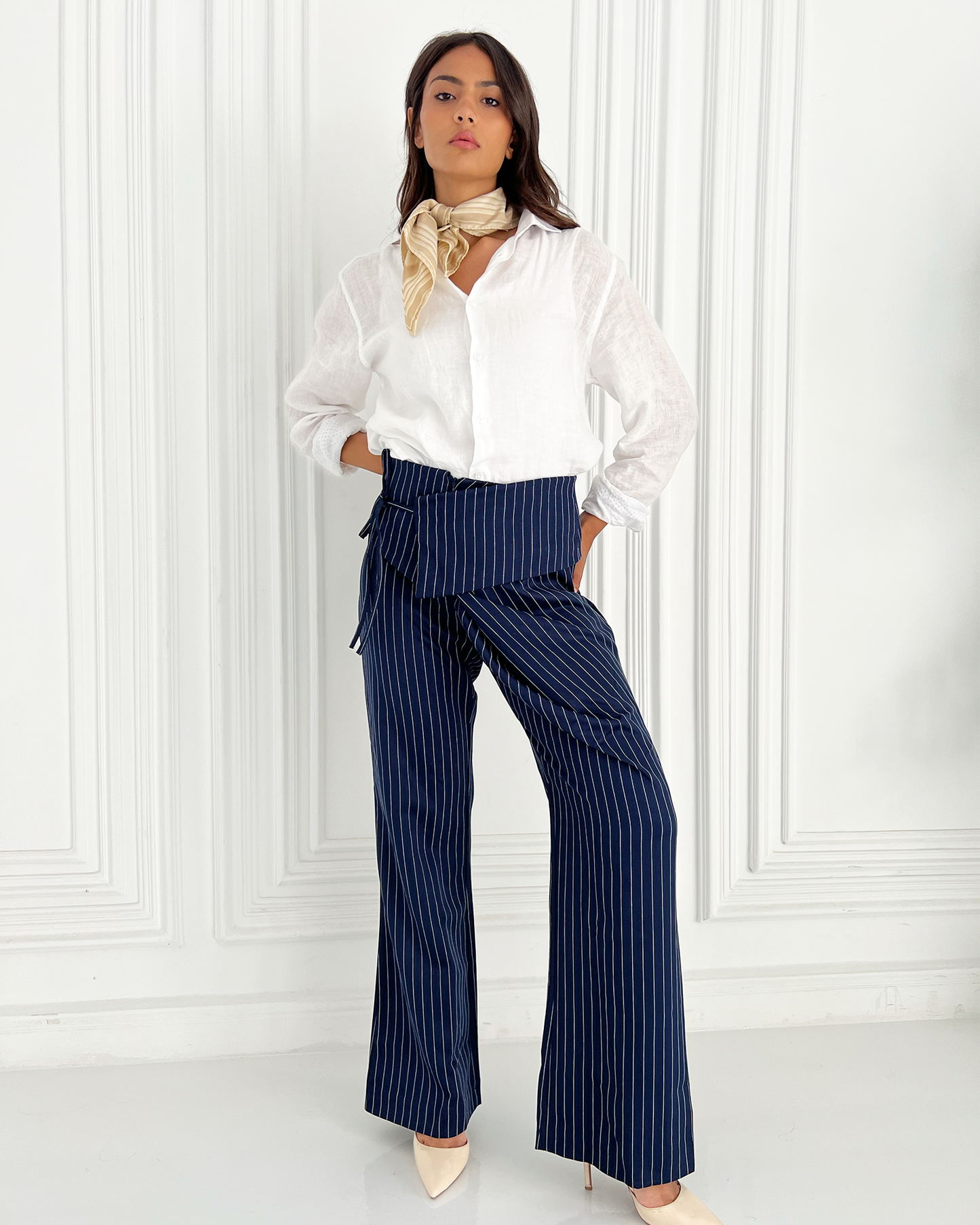 Navy Flip-waist Pinstripe Suit Pants