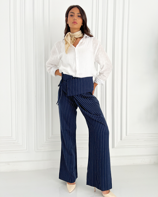 Navy Flip-waist Pinstripe Suit Pants