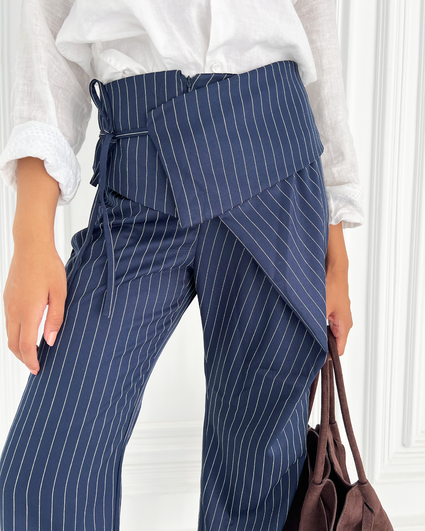 Navy Flip-waist Pinstripe Suit Pants