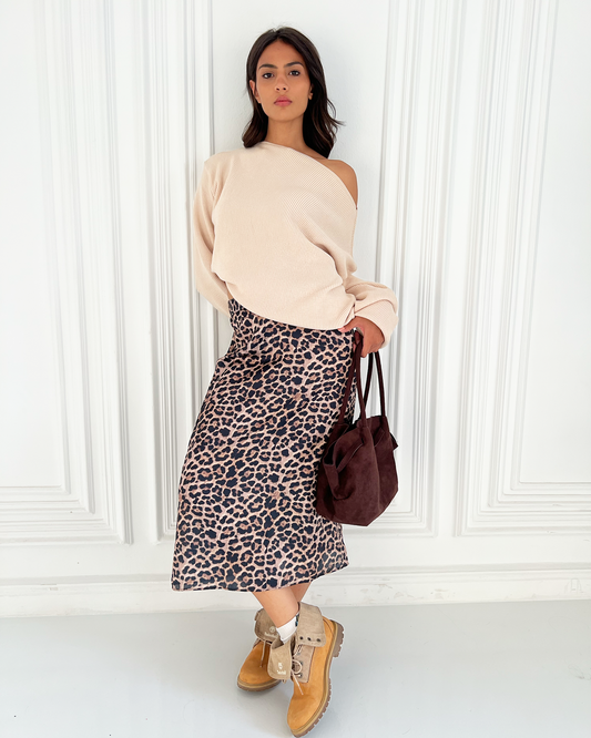 Beige Off-Shoulder Knit Sweater