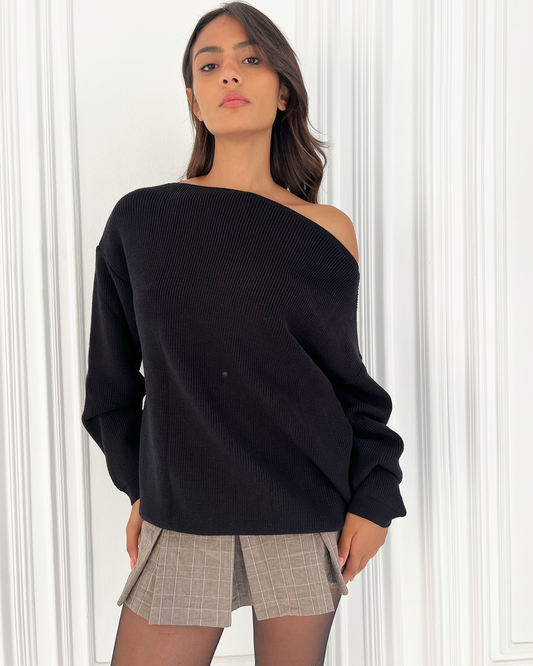 Black Off-Shoulder Knit Sweater