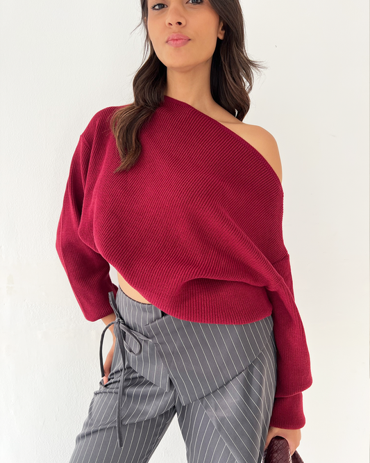 Burgundy Off-Shoulder Knit Sweater
