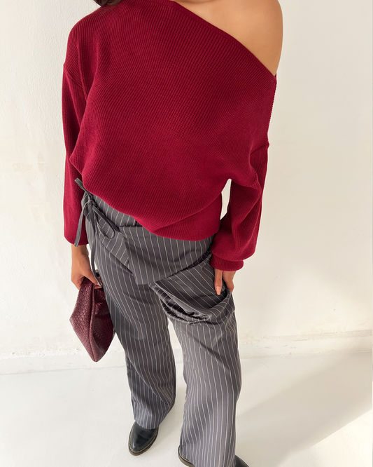 Burgundy Off-Shoulder Knit Sweater