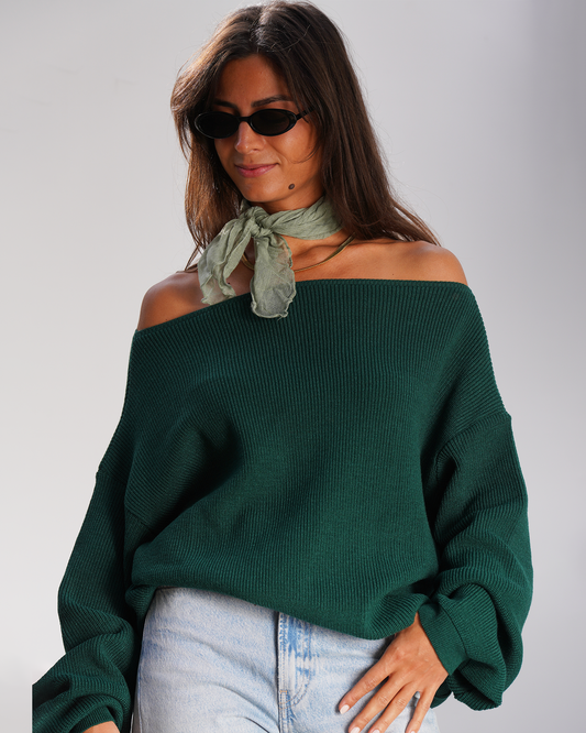 Green Off-Shoulder Knit Sweater