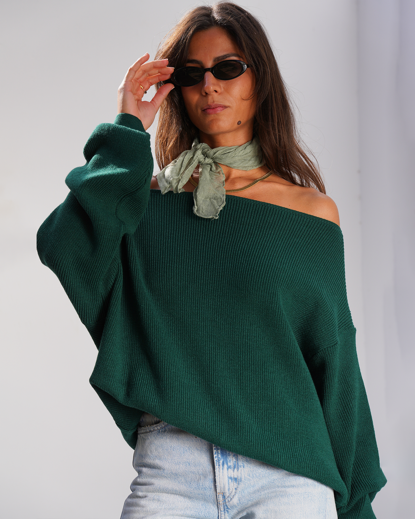 Green Off-Shoulder Knit Sweater