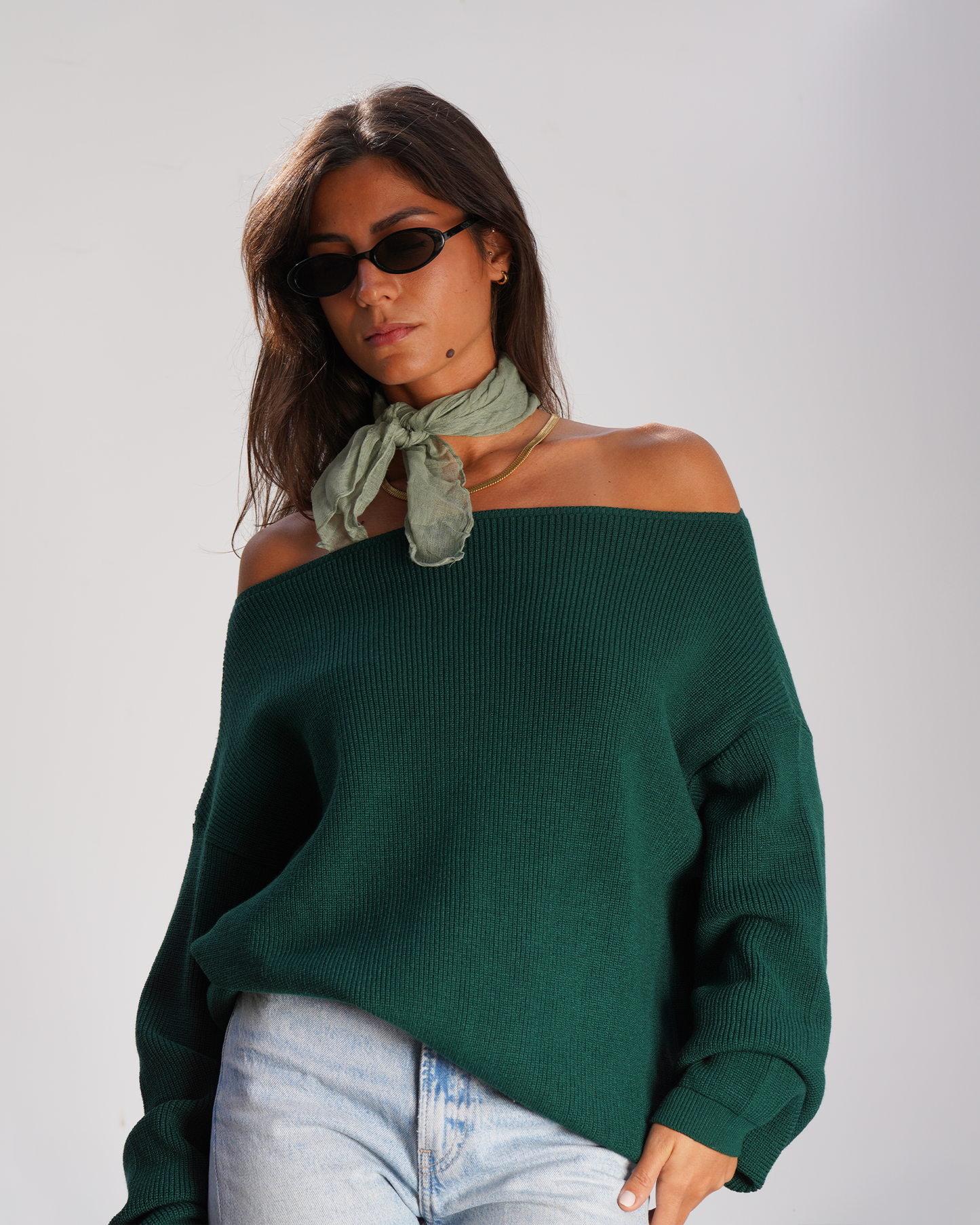 Green Off-Shoulder Knit Sweater