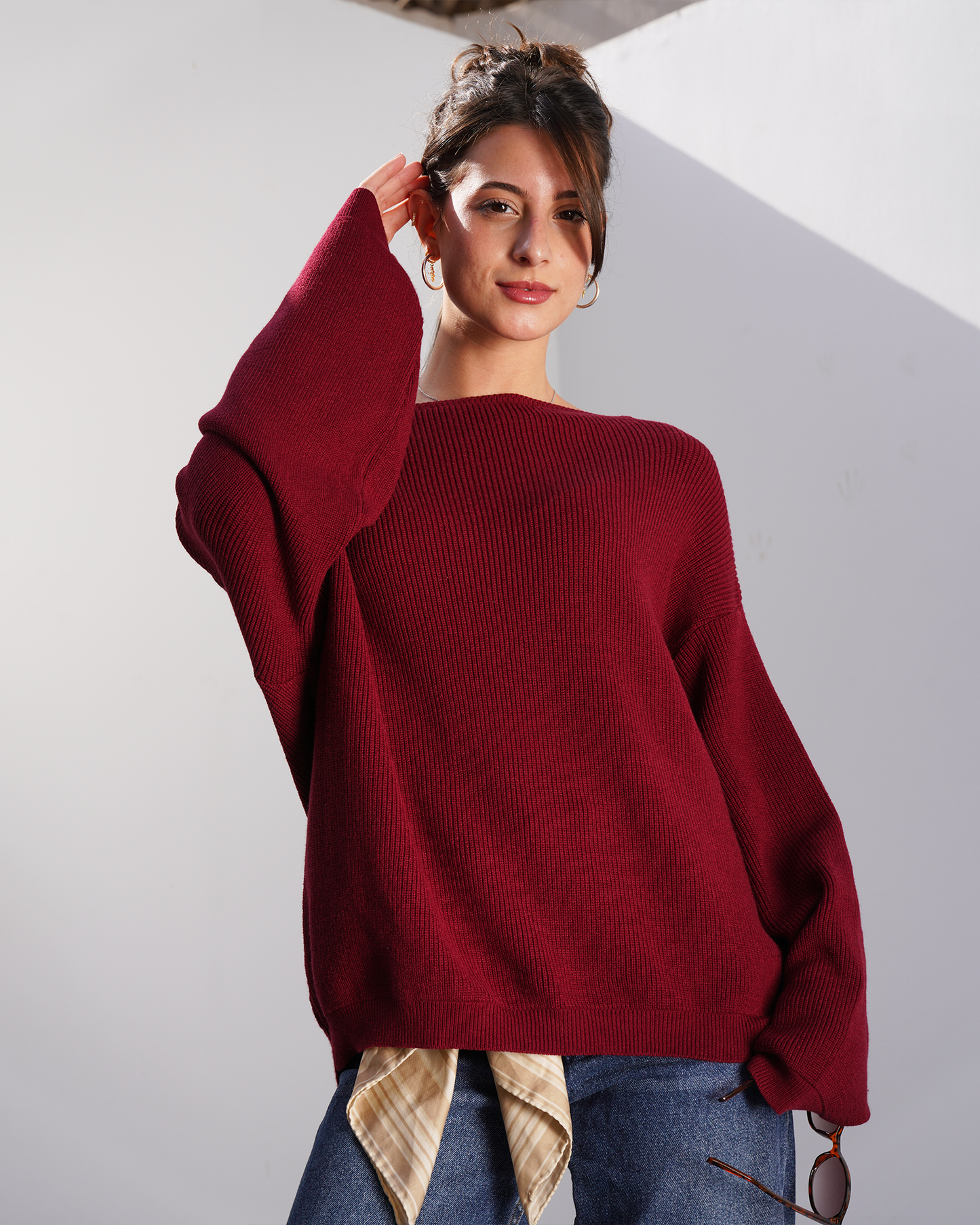 Burgundy Off-Shoulder Knit Sweater