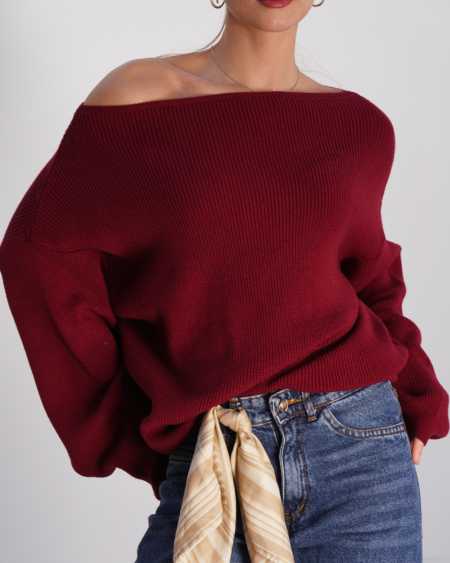Burgundy Off-Shoulder Knit Sweater