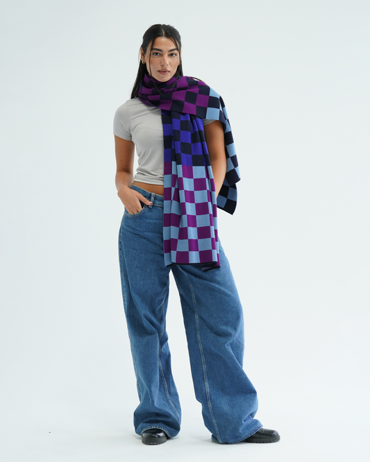 Purple Checkers Knit Scarf