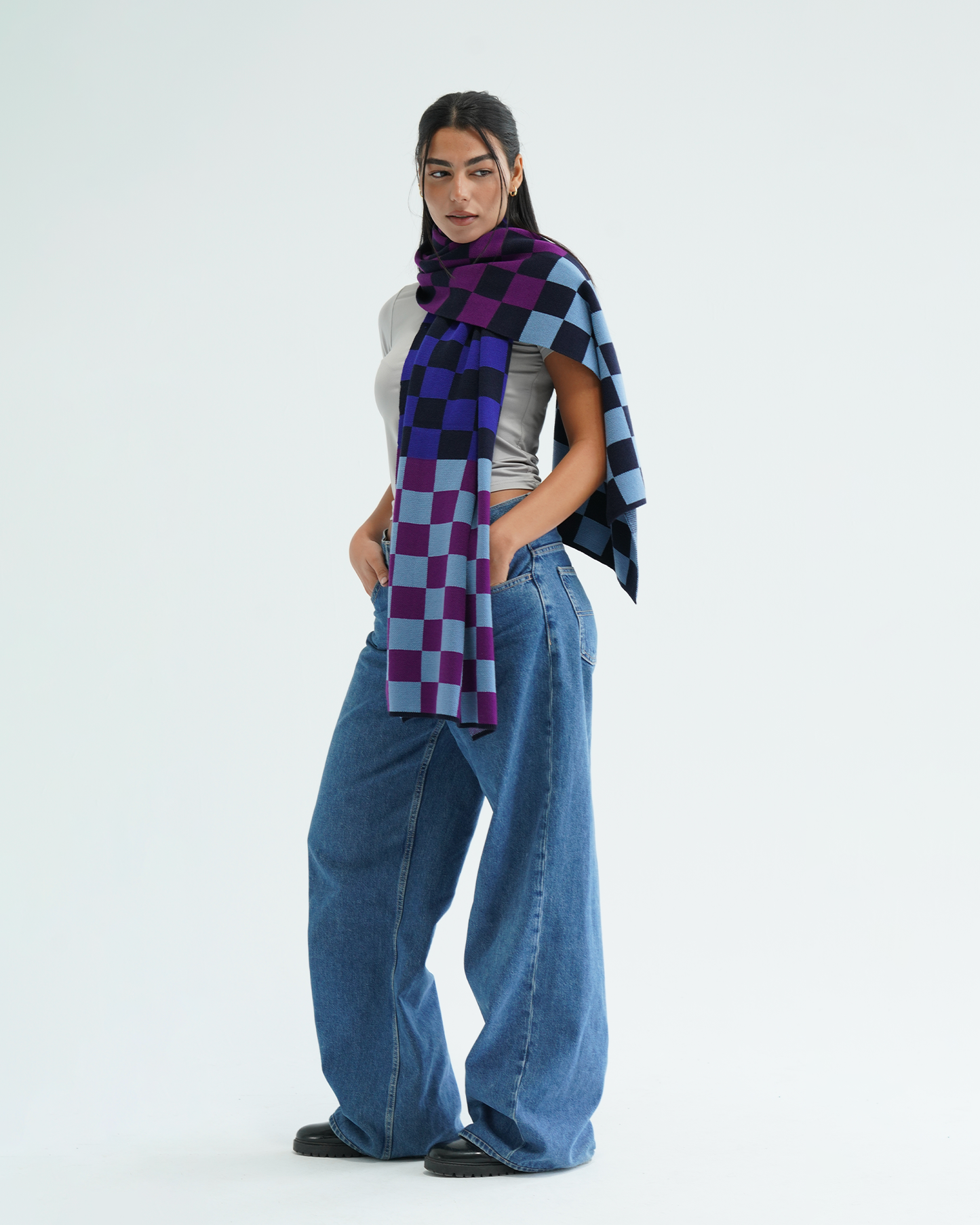 Purple Checkers Knit Scarf