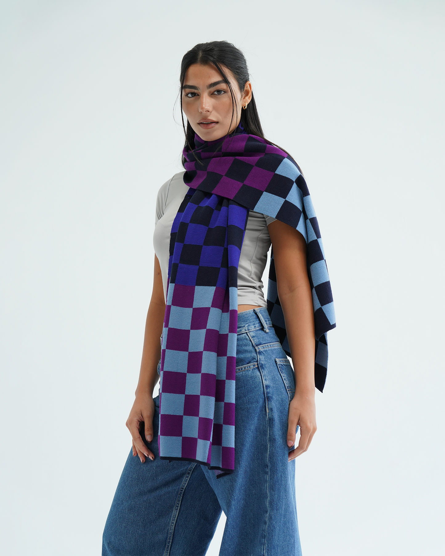 Purple Checkers Knit Scarf