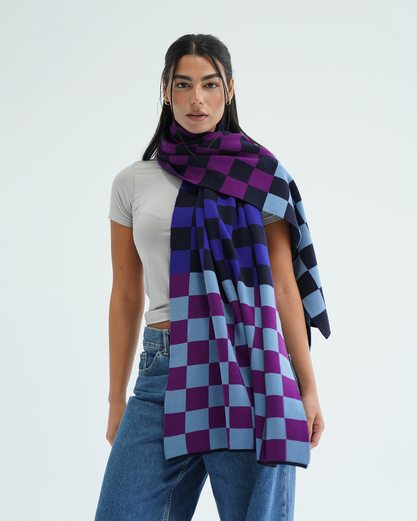 Purple Checkers Knit Scarf