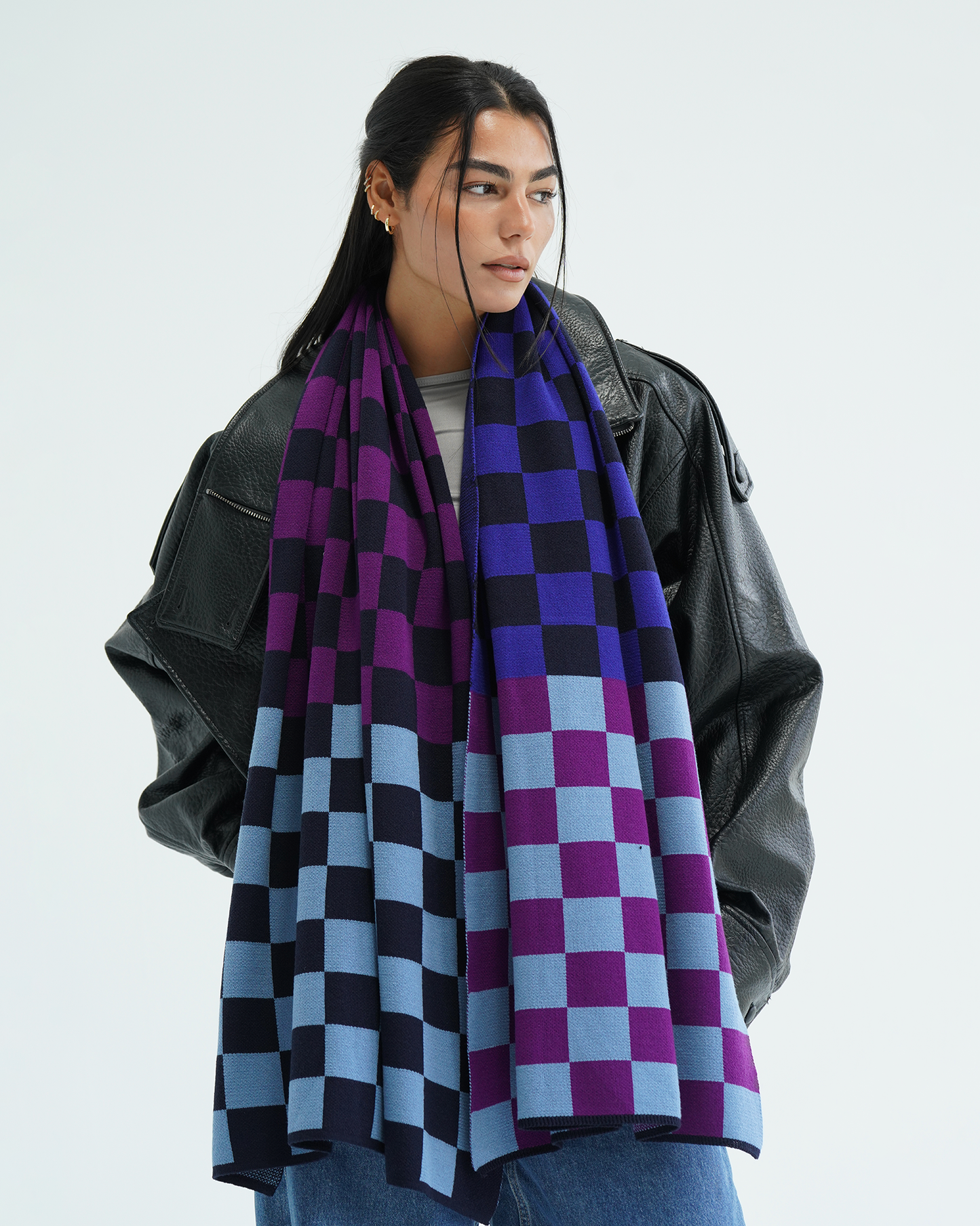 Purple Checkers Knit Scarf