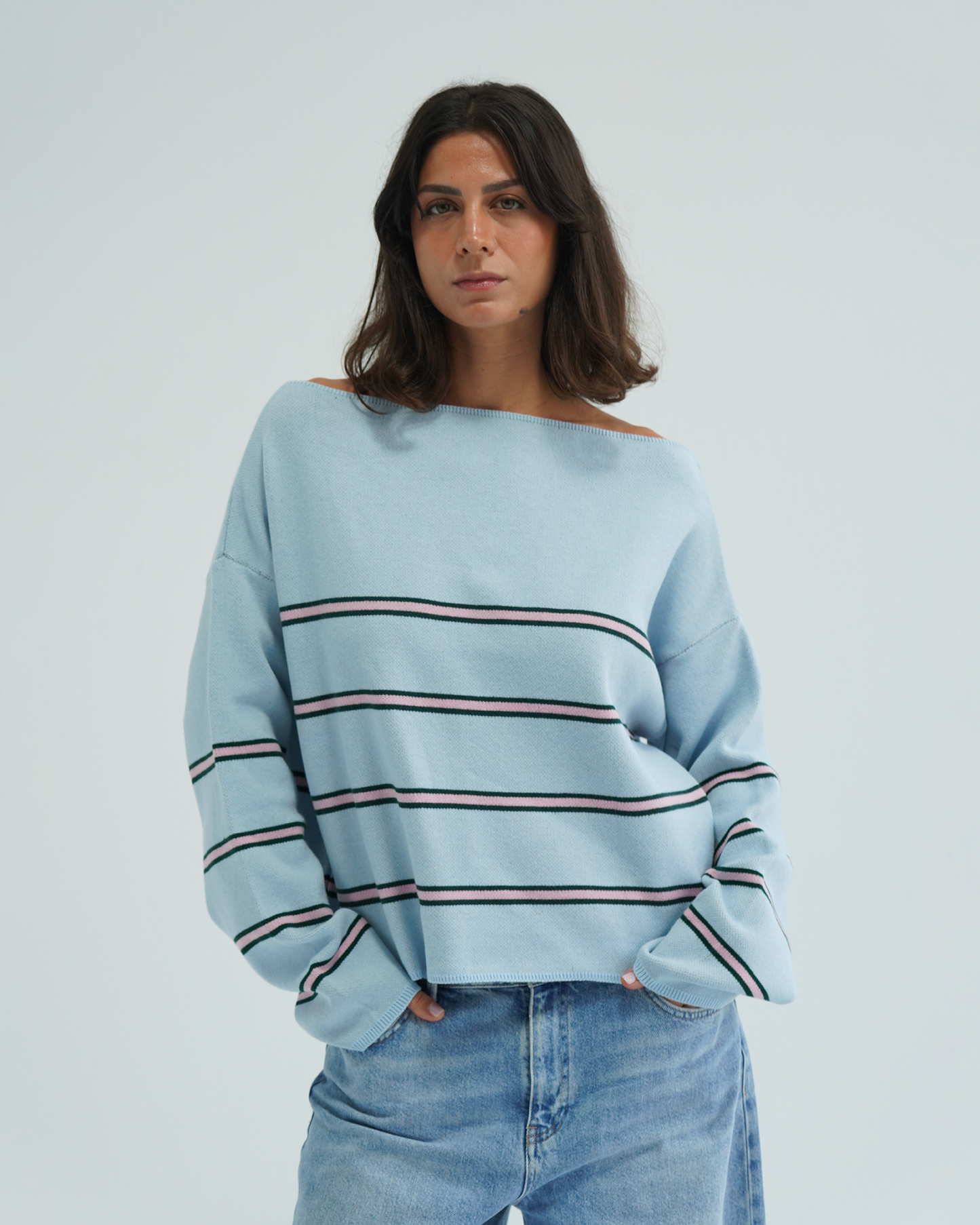 Blue Striped Off-Shoulder Sweater
