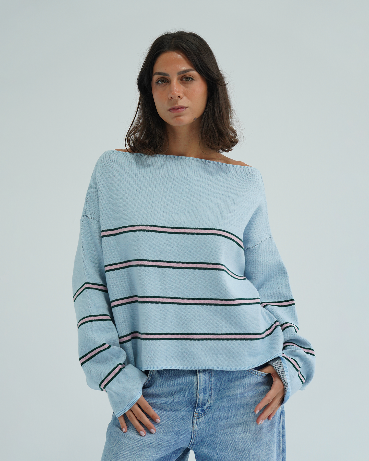 Blue Striped Off-Shoulder Sweater
