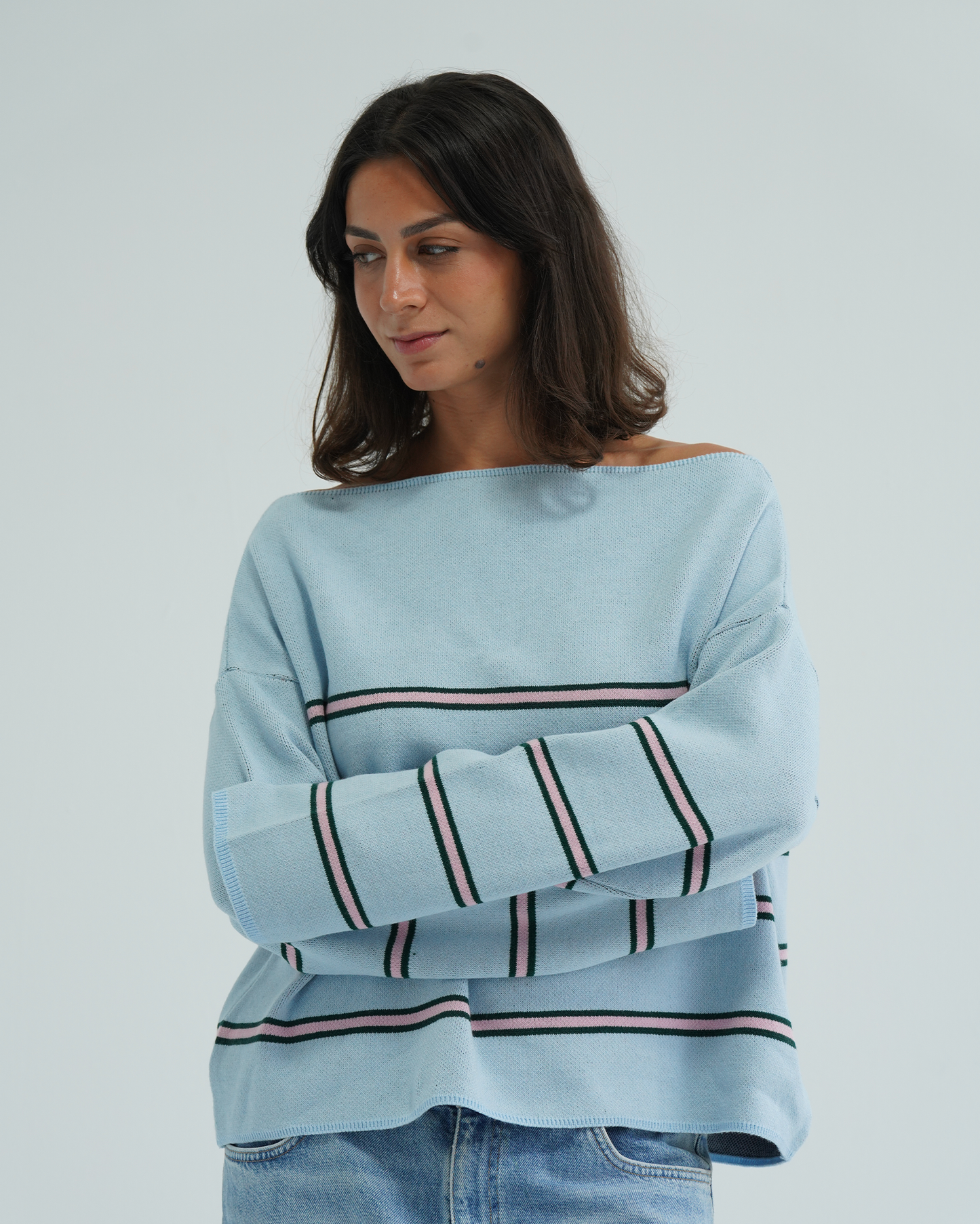 Blue Striped Off-Shoulder Sweater