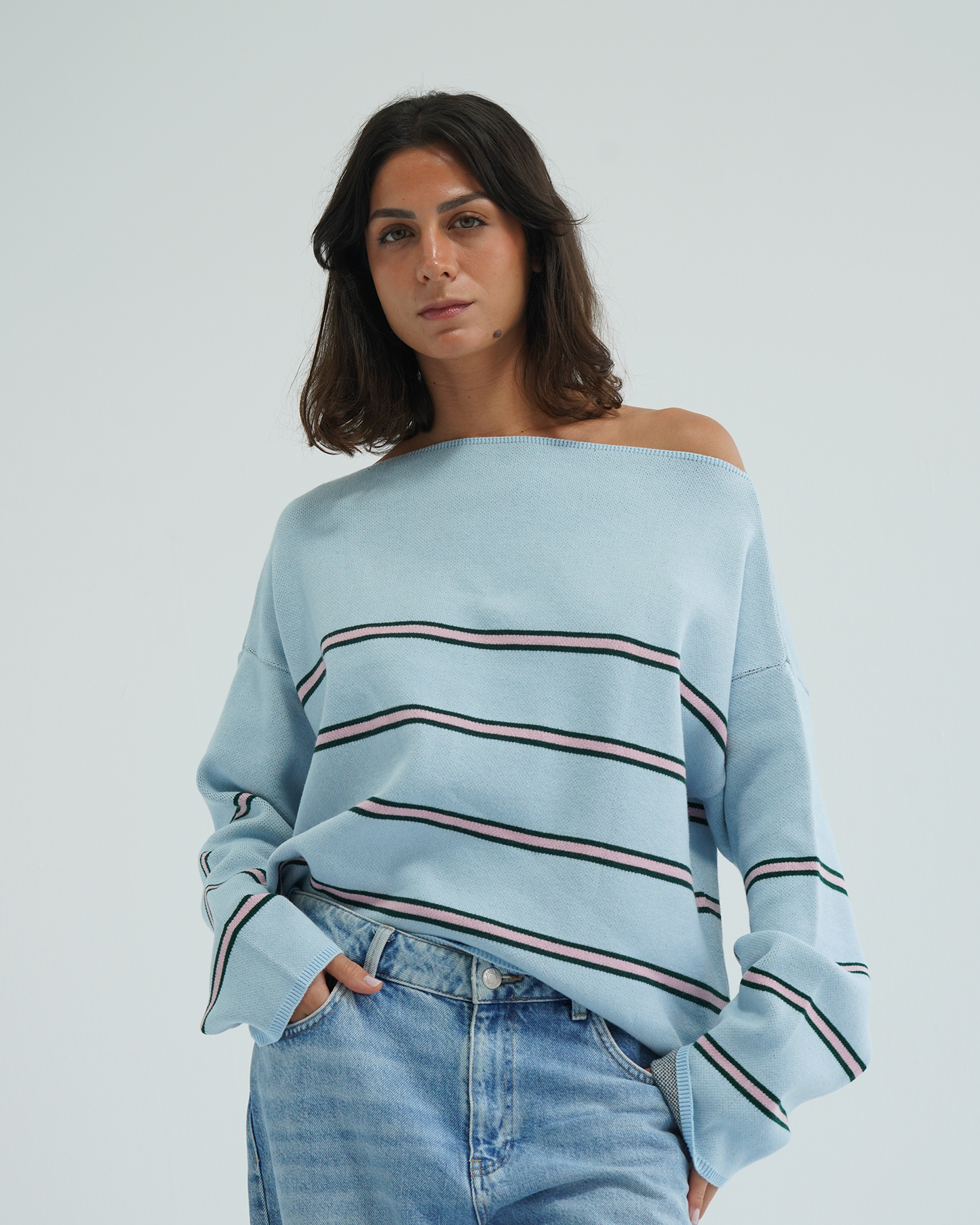 Blue Striped Off-Shoulder Sweater