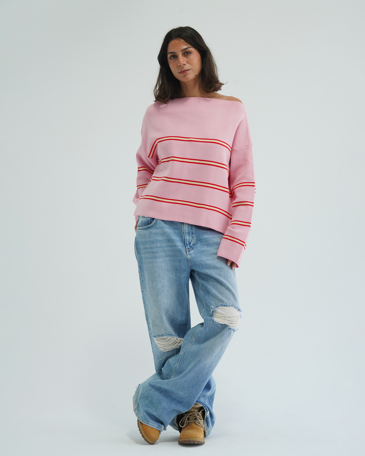 Pink Striped Off-Shoulder Sweater